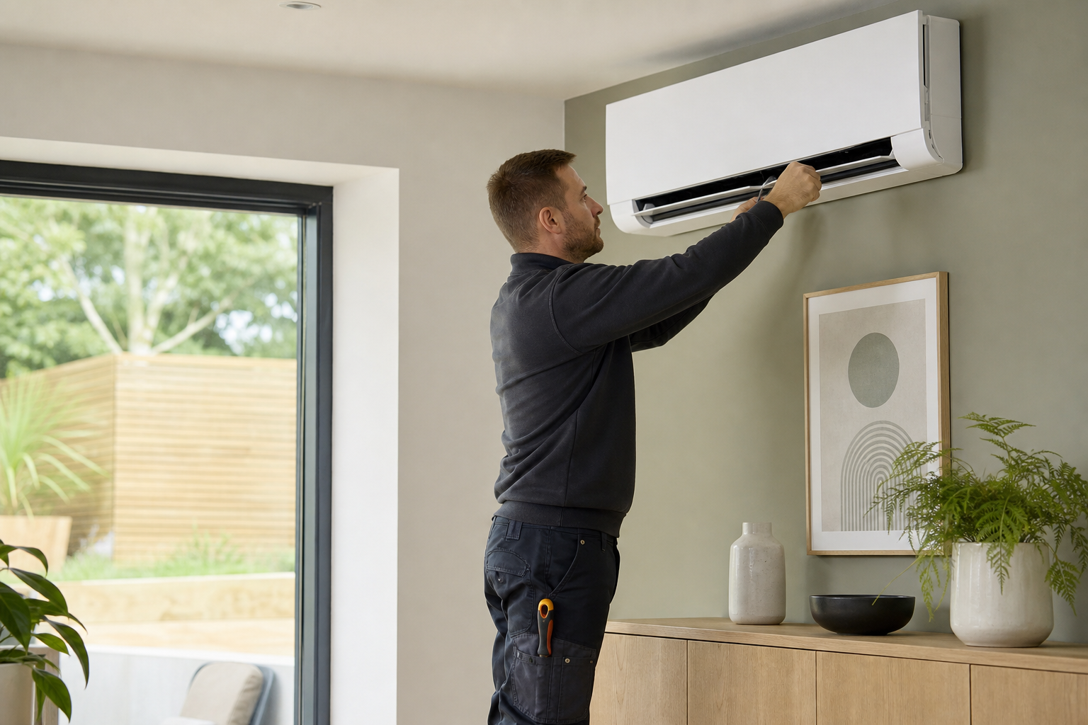 Professional air conditioning engineer completing a careful installation
